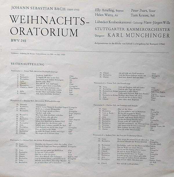 Johann Sebastian Bach - Elly Ameling, Helen Watts, Peter Pears, Tom Krause, Lübecker Kantorei, Stuttgarter Kammerorchester, Karl Münchinger : Weihnachtsoratorium BWV 248 (3xLP + Box)