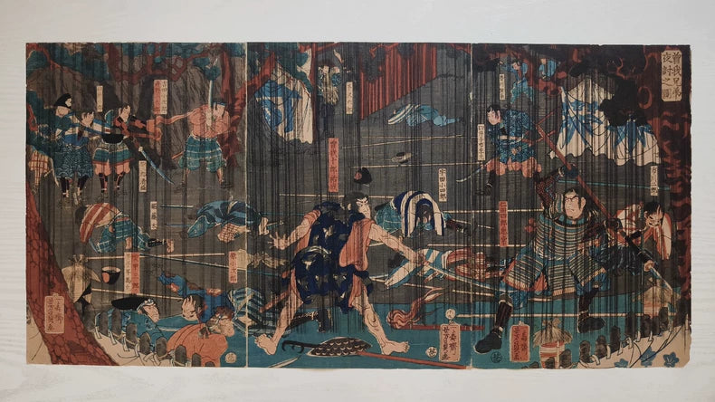 Utagawa Yoshikazu – The Soga Brothers' Night Attack – 1858 Woodblock Triptych