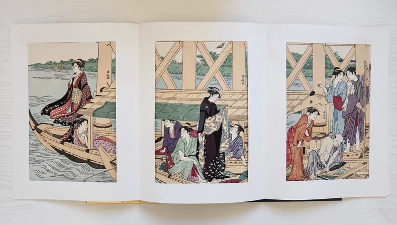 Torii Kiyonaga – Cooling Boat Beneath Azuma Bridge – Woodblock Triptych Reprint