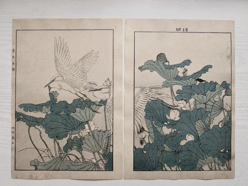 Keinen Kacho Gafu – Lotus and Egrets – 1892 Woodblock Diptych
