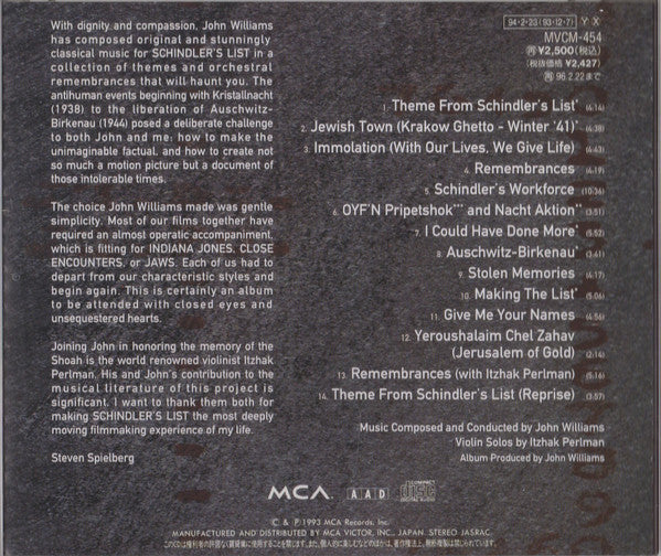 John Williams (4) : Schindler's List (Original Motion Picture Soundtrack) (CD, Album)