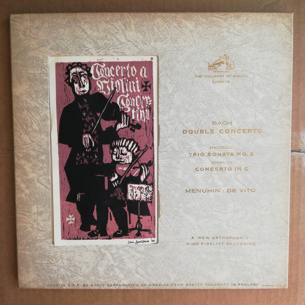 Johann Sebastian Bach, Georg Friedrich Händel, Antonio Vivaldi, Yehudi Menuhin, Gioconda De Vito : Double Concerto / Trio Sonata No. 2 / Concerto In C (LP, Album, Mono)