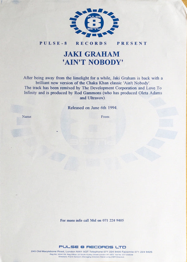 Jaki Graham : Ain't No Body (12", Promo)
