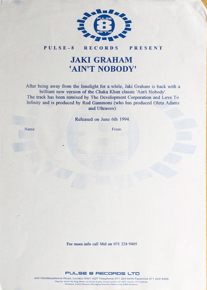 Jaki Graham : Ain't No Body (12", Promo)