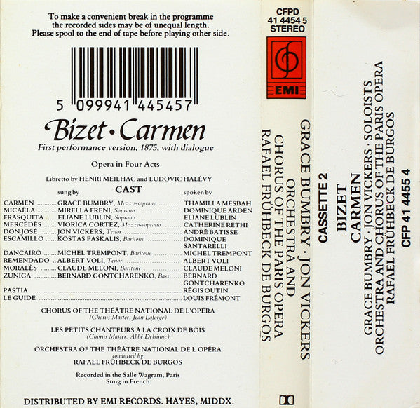 Bizet* - Grace Bumbry · Jon Vickers · Mirella Freni · Kostas Paskalis ; Orchestra And Chorus Of The Paris Opera*, Rafael Frühbeck De Burgos : Carmen (2xCass, RE, RM)