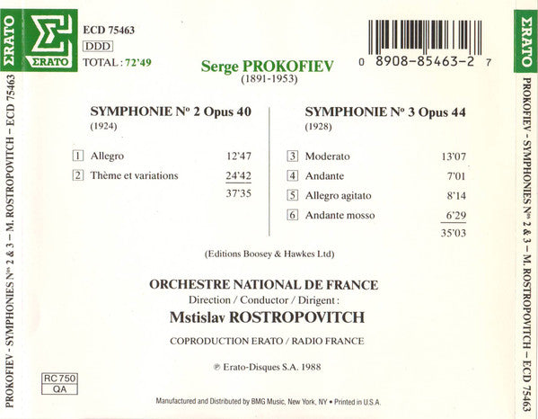 Prokofiev* - Orchestre National De France, Mstislav Rostropovich : Symphonies N° 2 Op. 40 - N° 3 Op. 44 (CD, Album)