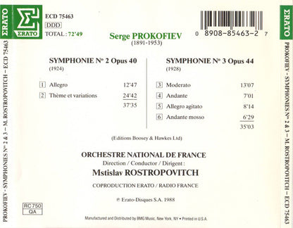 Prokofiev* - Orchestre National De France, Mstislav Rostropovich : Symphonies N° 2 Op. 40 - N° 3 Op. 44 (CD, Album)