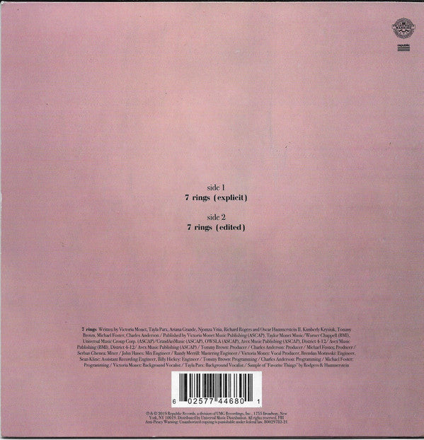 Ariana Grande : 7 Rings (7", Single, Ltd, Cle)