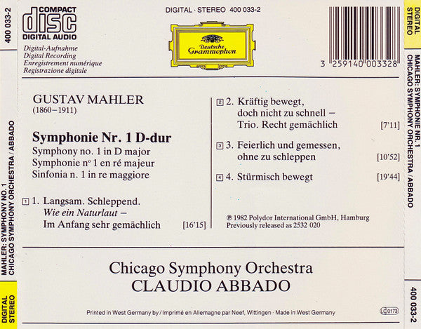 Mahler* - Chicago Symphony Orchestra / Claudio Abbado : Symphonie No. 1 (CD, Album, RE, Pol)