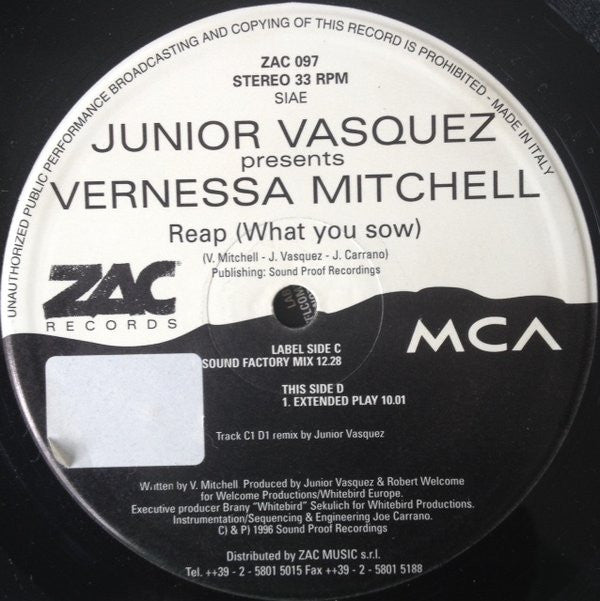 Junior Vasquez Presents Vernessa Mitchell : Reap (What You Sow) (2x12")