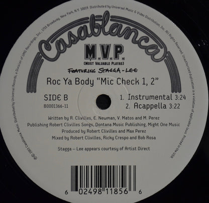 M.V.P. Featuring Stagga Lee : Roc Ya Body "Mic Check 1, 2" (12")
