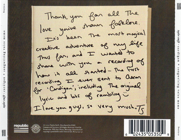 Taylor Swift : Cardigan (+ Songwriting Voice Memo) (CD, Single, Ltd)