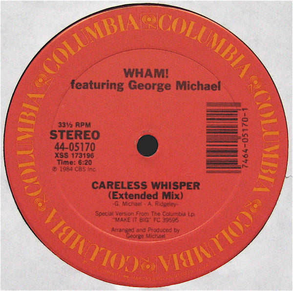 Wham! Featuring George Michael : Careless Whisper (12", Single, Pit)