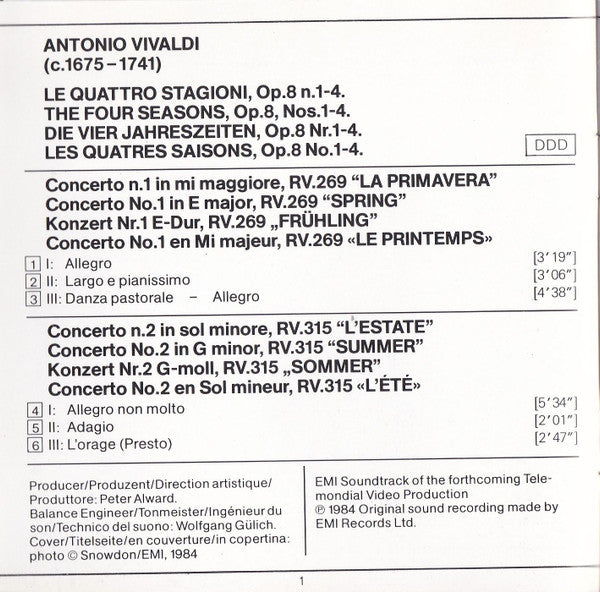 Vivaldi* - Anne-Sophie Mutter, Herbert Von Karajan, Wiener Philharmoniker : Le Quattro Stagioni = The Four Seasons = Die Vier Jahreszeiten (CD, Album, RE)