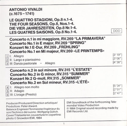 Vivaldi* - Anne-Sophie Mutter, Herbert Von Karajan, Wiener Philharmoniker : Le Quattro Stagioni = The Four Seasons = Die Vier Jahreszeiten (CD, Album, RE)