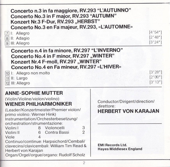 Vivaldi* - Anne-Sophie Mutter, Herbert Von Karajan, Wiener Philharmoniker : Le Quattro Stagioni = The Four Seasons = Die Vier Jahreszeiten (CD, Album, RE)