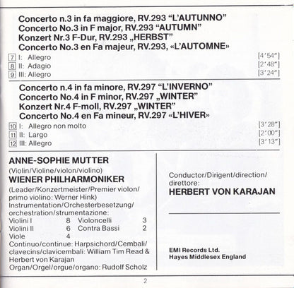 Vivaldi* - Anne-Sophie Mutter, Herbert Von Karajan, Wiener Philharmoniker : Le Quattro Stagioni = The Four Seasons = Die Vier Jahreszeiten (CD, Album, RE)