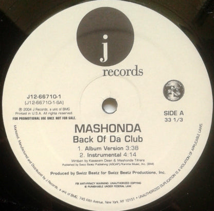 Mashonda : Back Of Da Club (12", Promo)