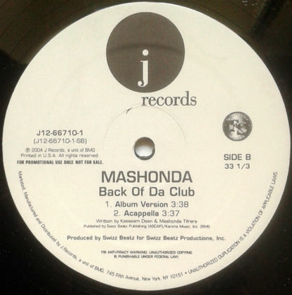 Mashonda : Back Of Da Club (12", Promo)
