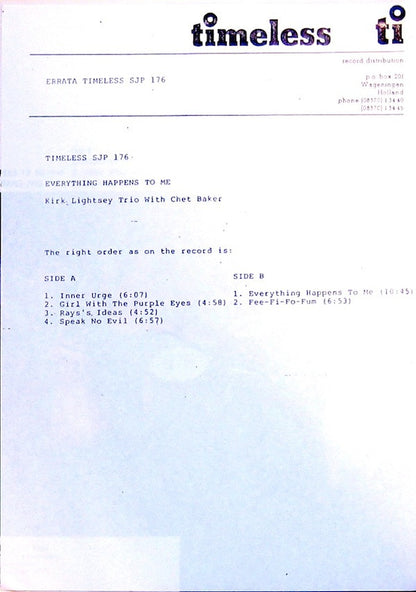 Kirk Lightsey Trio with Chet Baker : Everything Happens To Me (LP, Album)
