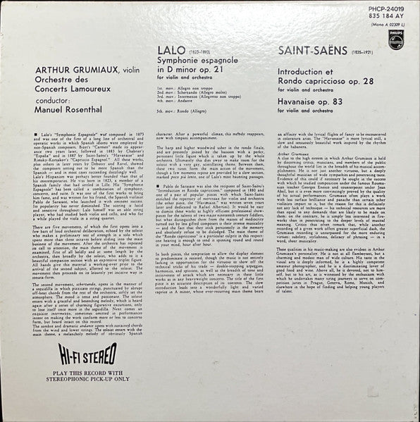Édouard Lalo / Camille Saint-Saëns, Arthur Grumiaux, Orchestre Des Concerts Lamoureux, Manuel Rosenthal : Symphonie Espagnole / Introduction Et Rondo Capriccioso / Havanaise (CD, Album, Ltd, RE, RM, Car)