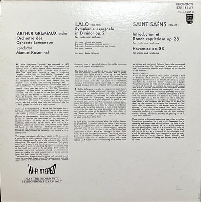 Édouard Lalo / Camille Saint-Saëns, Arthur Grumiaux, Orchestre Des Concerts Lamoureux, Manuel Rosenthal : Symphonie Espagnole / Introduction Et Rondo Capriccioso / Havanaise (CD, Album, Ltd, RE, RM, Car)