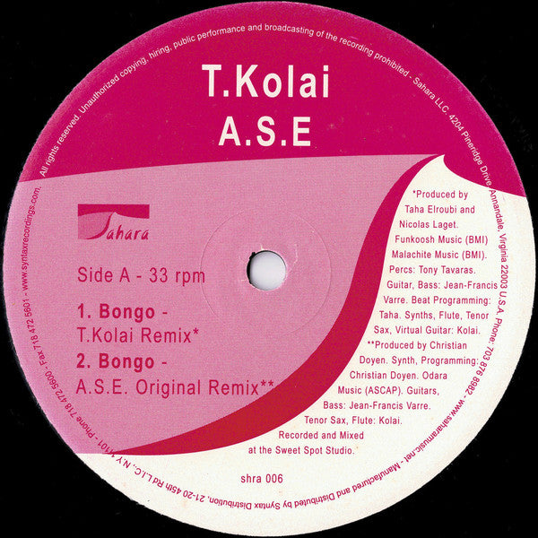 T.Kolai & A.S.E. (African Sound Envelope)* : Bongo (Remixes) (12")