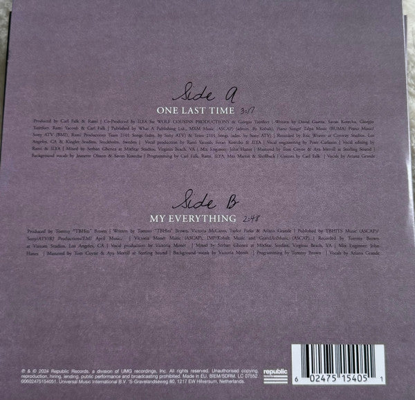 Ariana Grande : One Last Time (7", Single, Ltd, Pin)