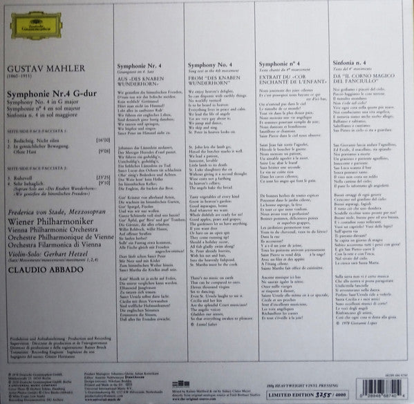 Gustav Mahler, Wiener Philharmoniker, Claudio Abbado : Symphonie No.4 (LP, Ltd, Num)