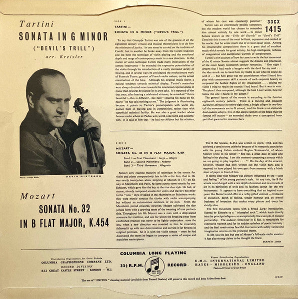 Tartini* / Mozart*, David Oistrakh* : "Devil's Trill" Sonata / Sonata In B Flat, K. 454 (LP, Mono)