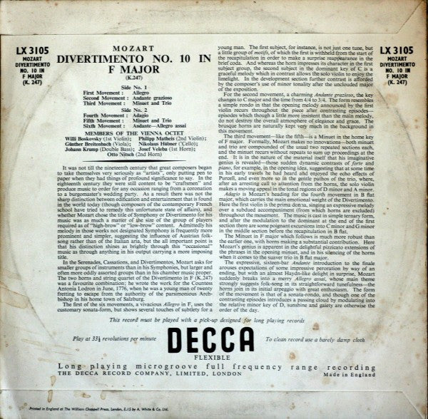Mozart*, Members Of The Vienna Octet* : Divertimento No. 10 In F Major (K.247) (10")