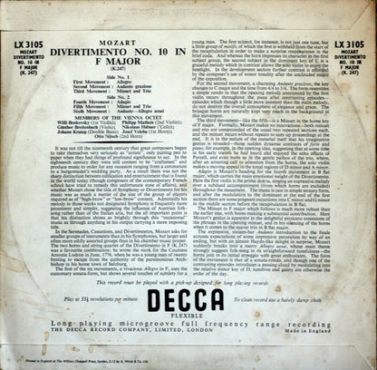 Mozart*, Members Of The Vienna Octet* : Divertimento No. 10 In F Major (K.247) (10")