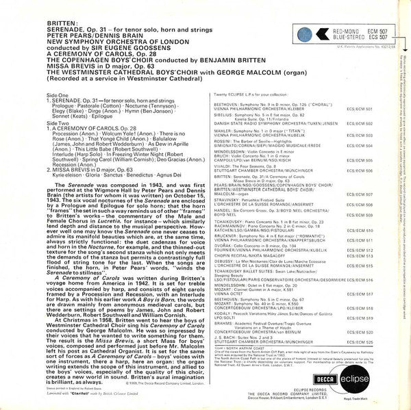 Britten*, Peter Pears, Dennis Brain : Serenade For Tenor, Horn & Strings / A Ceremony Of Carols / Missa Brevis (LP, Comp, RM)