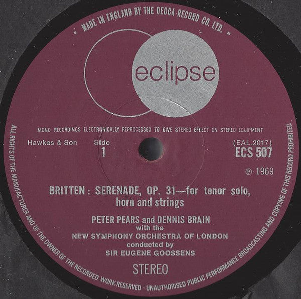 Britten*, Peter Pears, Dennis Brain : Serenade For Tenor, Horn & Strings / A Ceremony Of Carols / Missa Brevis (LP, Comp, RM)