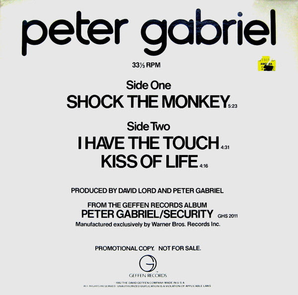 Peter Gabriel : Shock The Monkey / I Have The Touch / Kiss Of Life (12", Promo)
