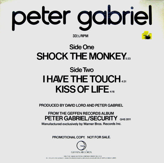 Peter Gabriel : Shock The Monkey / I Have The Touch / Kiss Of Life (12", Promo)