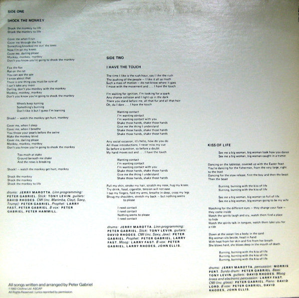 Peter Gabriel : Shock The Monkey / I Have The Touch / Kiss Of Life (12", Promo)