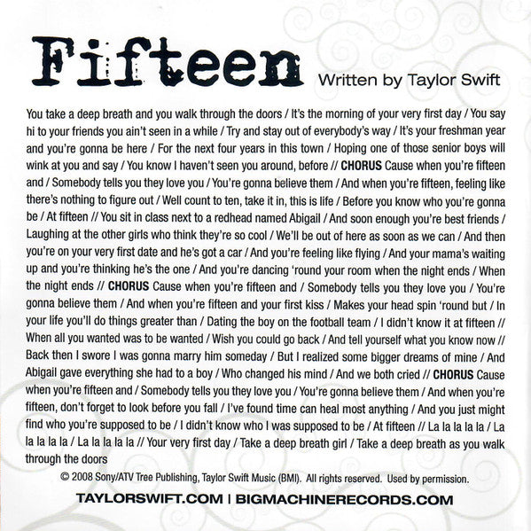 Taylor Swift : Fifteen (CD, Single, Promo)