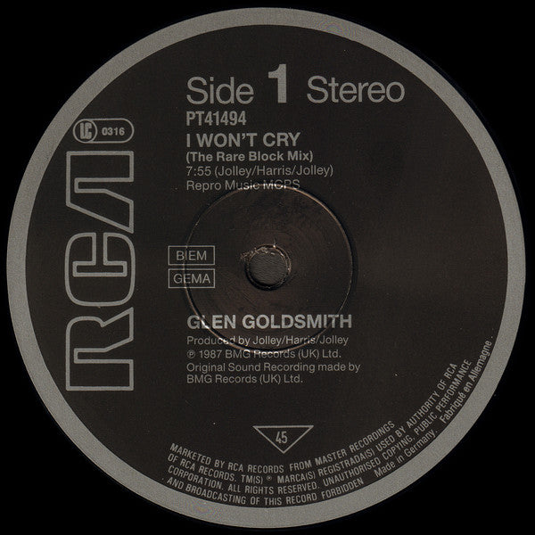 Glen Goldsmith : I Won't Cry (12", Maxi)
