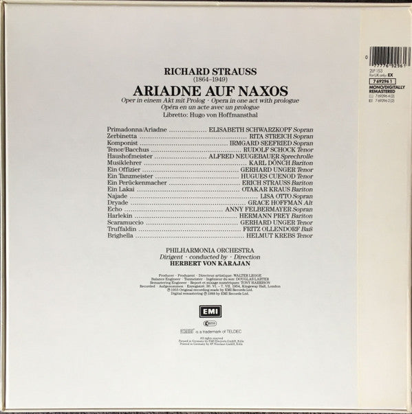 Richard Strauss, Elisabeth Schwarzkopf, Rita Streich, Irmgard Seefried, Rudolf Schock, Hermann Prey, Philharmonia Orchestra, Herbert von Karajan : Ariadne Auf Naxos (2xLP, Album, Mono, RE, RM, DMM + Box)