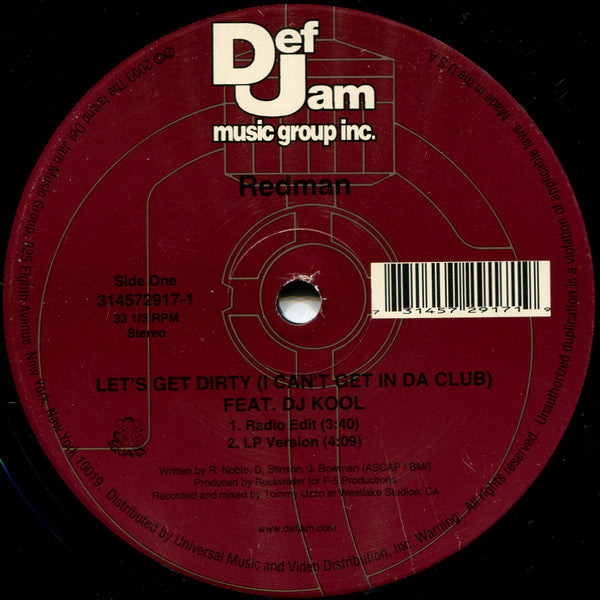 Redman, DJ Kool – Let's Get Dirty (I Can't Get In Da Club) – 1, Vinyl, 12", 33 ⅓ RPM, Single, Stereo