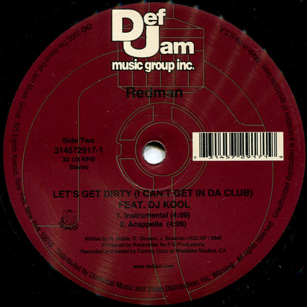 Redman, DJ Kool – Let's Get Dirty (I Can't Get In Da Club) – 1, Vinyl, 12", 33 ⅓ RPM, Single, Stereo