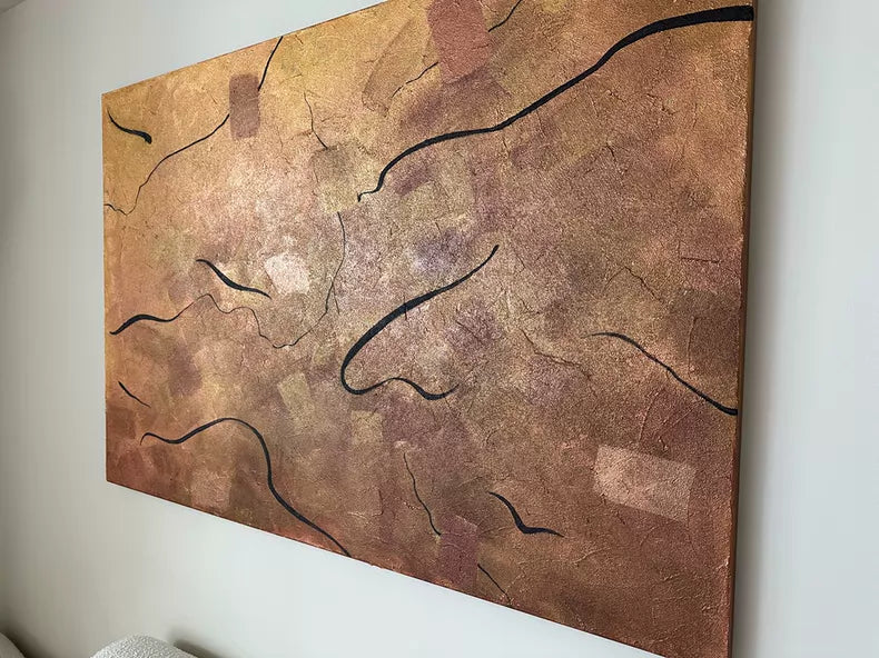 Hand-Painted Abstract Textured Canvas with Gold Leaf – 150 × 100 cm