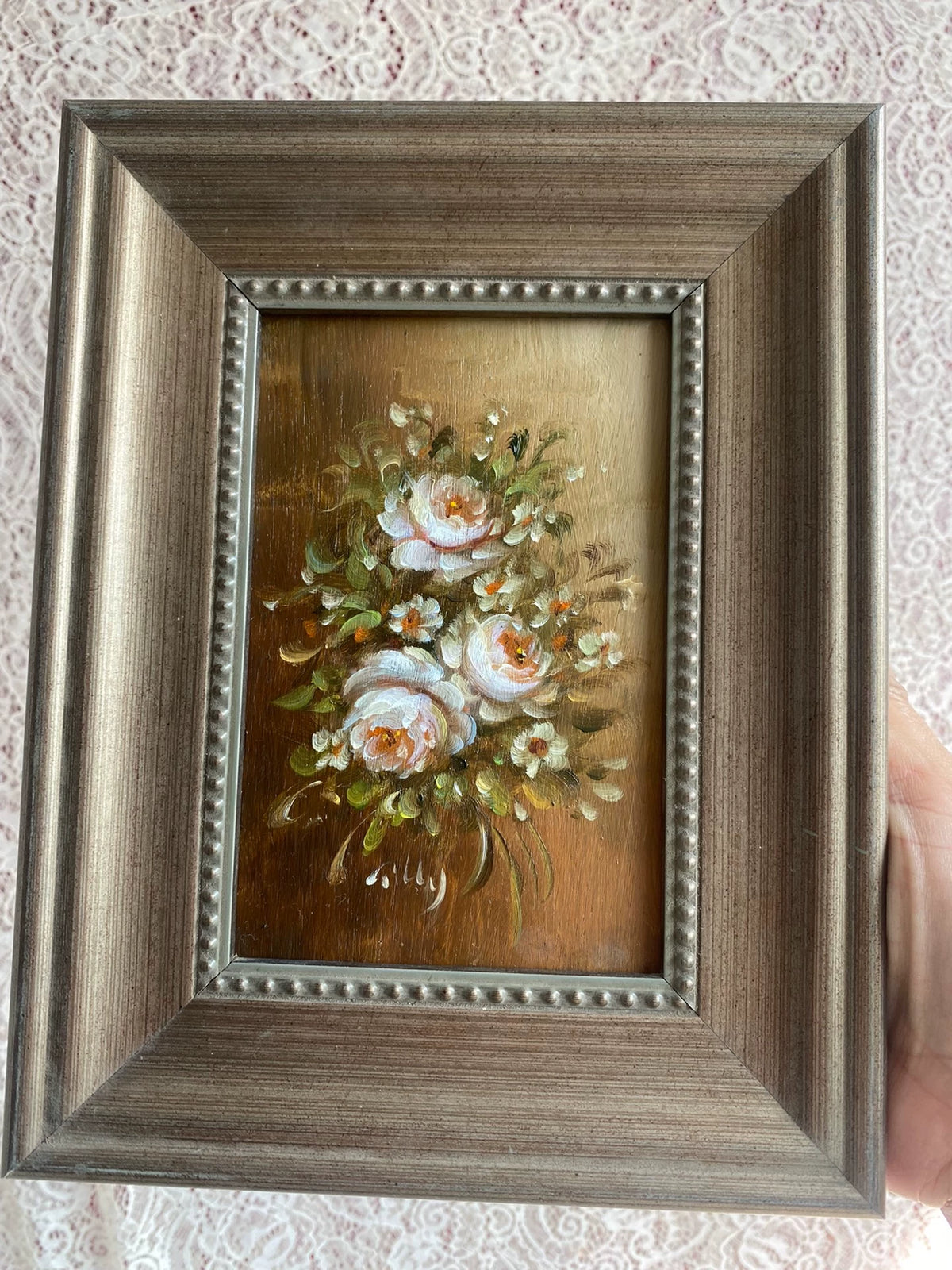 White Rose Bouquet – Framed Wood-Panel Painting