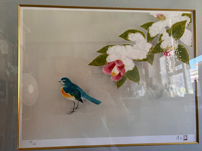 Atsushi Uemura – Sound of Snow – Framed Bird and Camellia Print – detail 4