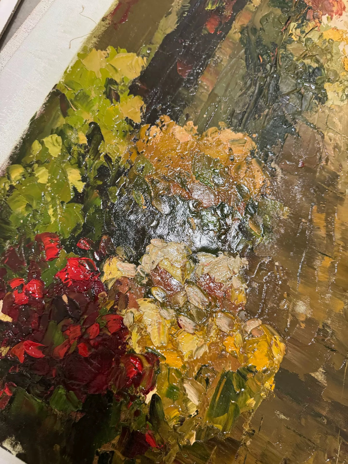 Flower-Lined Village Lane – Unframed Oil Painting