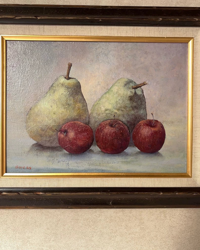 Japanese Vintage Still Life Oil Painting – Pears and Apples – 1989 – actual product photo 5