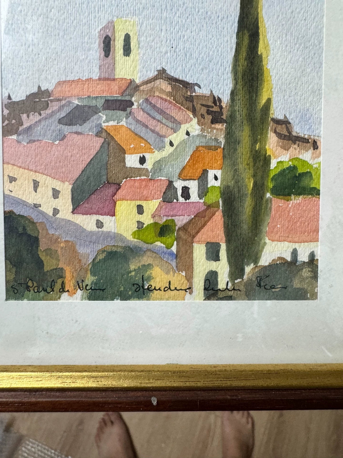 European Village and Cypress – Small Framed Watercolour – detail 2
