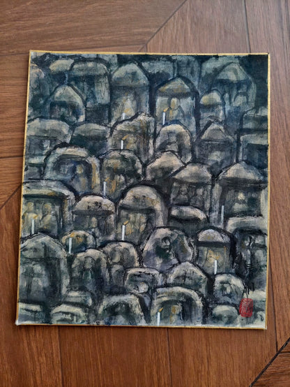 Original Cave Buddha Group Ink Painting on Card – 24 × 27 cm