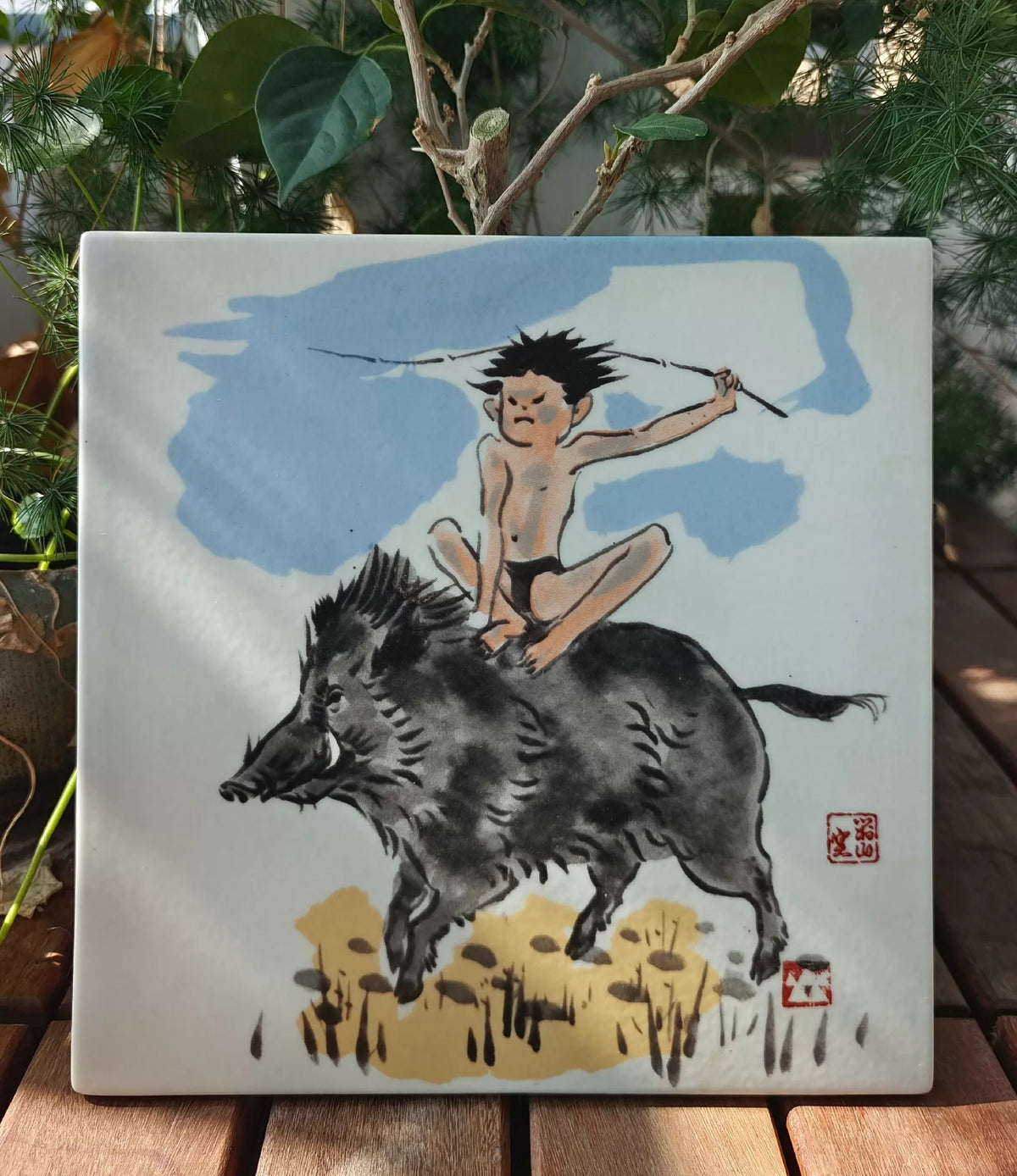 Japanese Ceramic Art Tile – Child Riding a Boar – detail 4